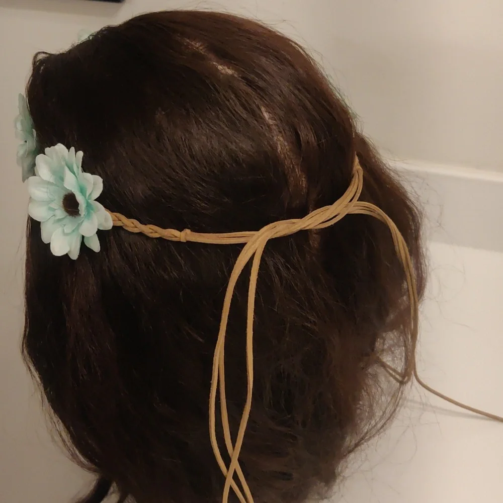 Teal/Green Floral Headband with Brown Strap Y2K Boho Cottagecore